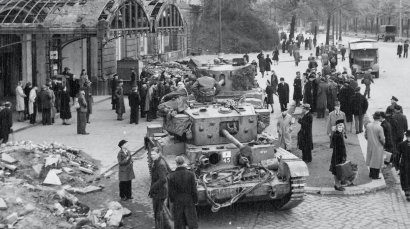 Civilians gathered around British tanks, Hamburg, May 1945
