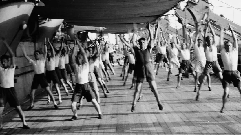 3rd County of London Yeomanry (Sharpshooters) keeping fit on board HMT 'Orion' en route to Egypt, 1941