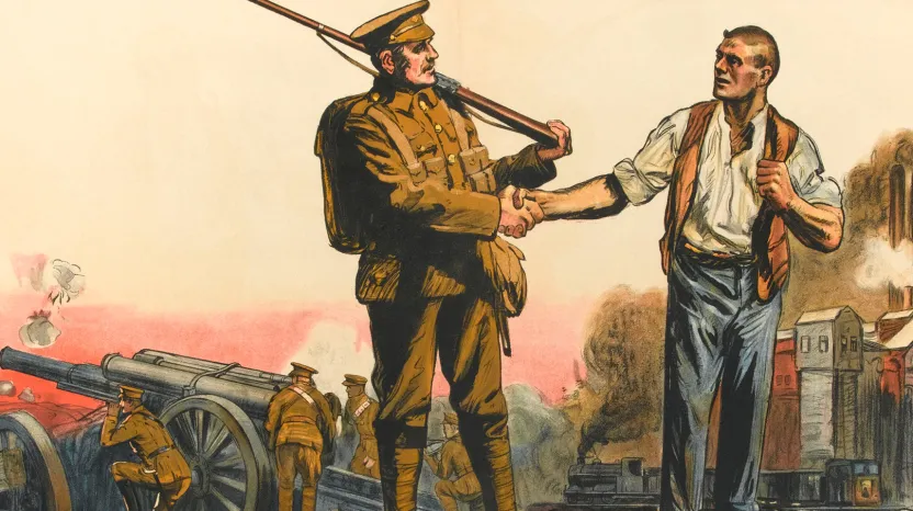 Part of a First World War propaganda poster showing a soldier and a munitions worker 