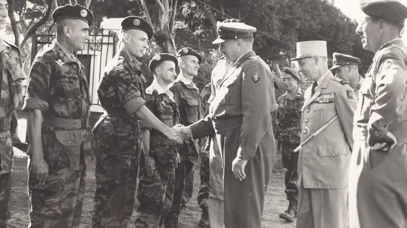 General Sir Charles Keightley, Commander of Operation Musketeer, meets French paratroopers at Suez, 1956 