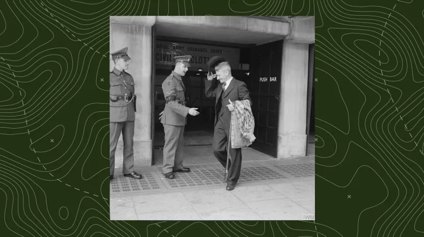 Mr Bill Krepper, late of the Pioneer Corps, leaves the demobilisation clothing depot at Olympia, London, as a civilian, wearing his demob suit, July 1945