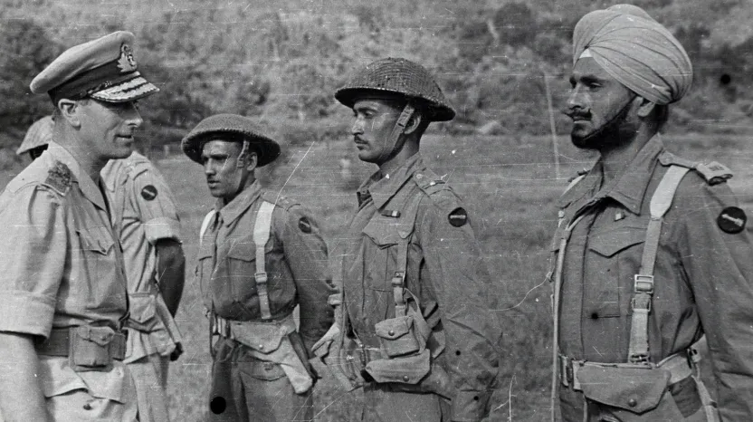 Lord Louis Mountbatten talking to Indian soldiers, c1945