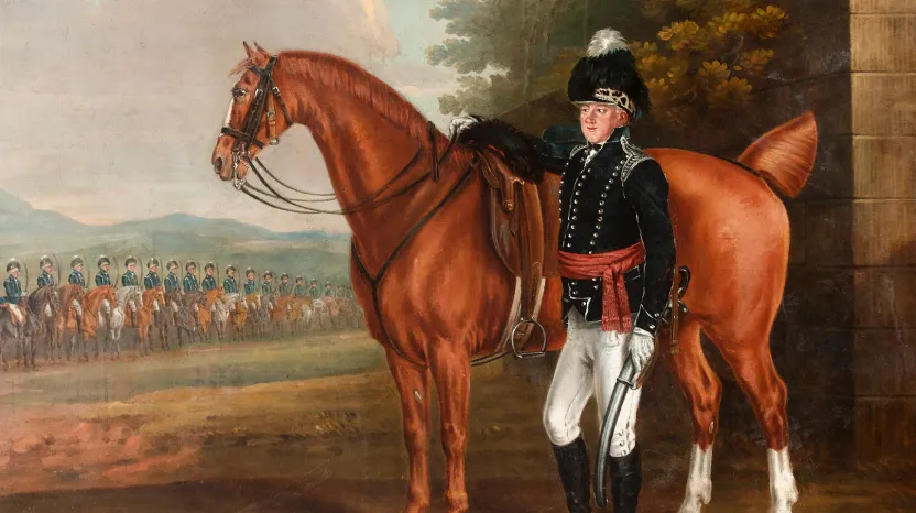 Colonel Thomas Cooper Everitt, with the Hampshire Fencible Cavalry drawn up in the background, 1800