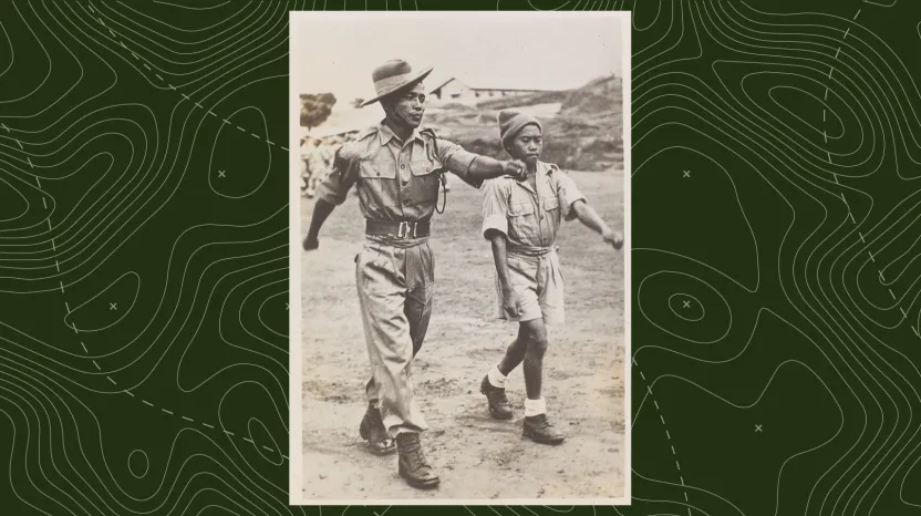 Teaching a new recruit to the Assam Regiment to march, c1943