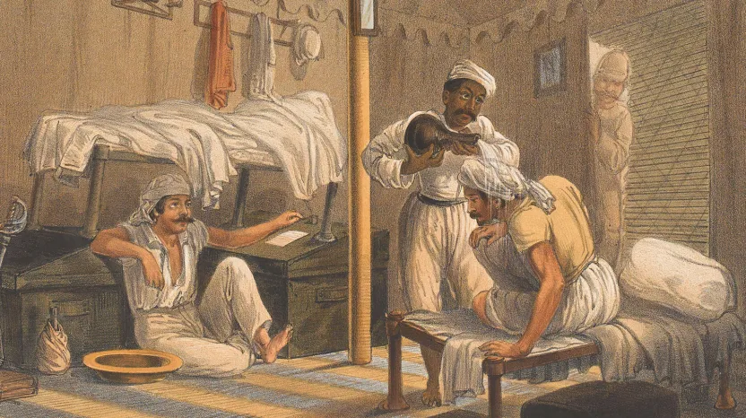 An Indian servant attends to the requirements of Bengal Army officers inside their tent, 1857