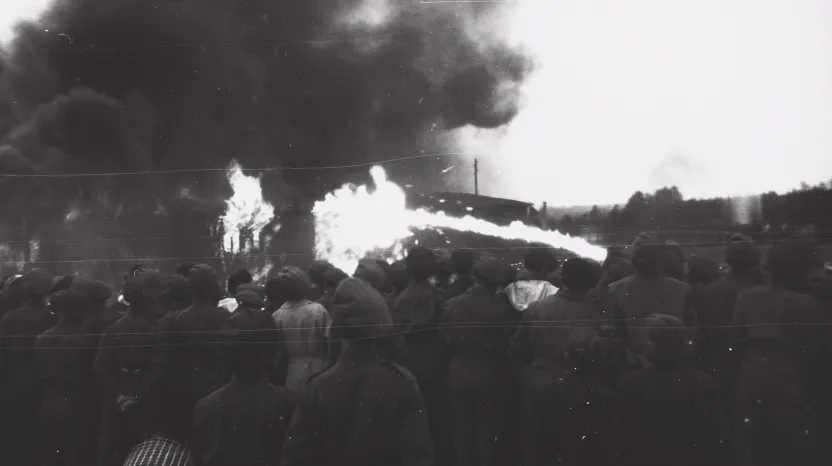 A crowd watching the Bergen-Belsen concentration camp burn down