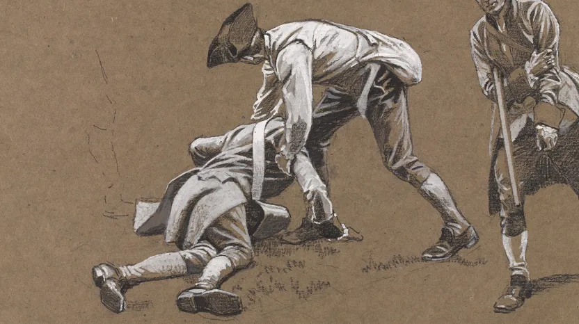 A study of a painting where one soldier is attempting to pick up another who has fallen.