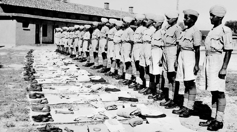 Indian Army soldiers undergoing a kit inspection