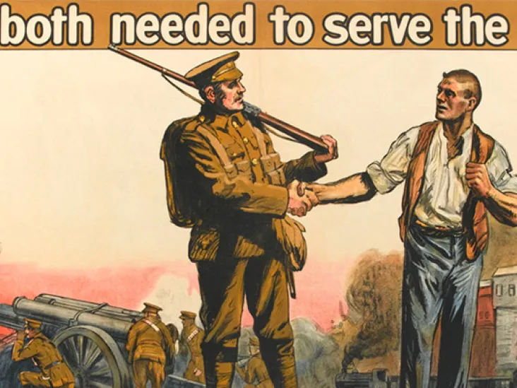 Part of a First World War propaganda poster showing a soldier and a munitions worker