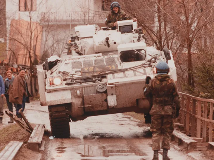 Warrior Infantry Fighting Vehicle crossing a bridge, Bosnia, c1993