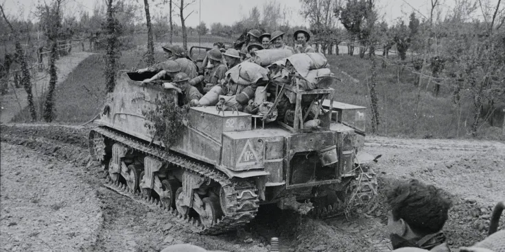 'Kangaroo' carrying infantry into battle near Conselice, Italy, April 1945