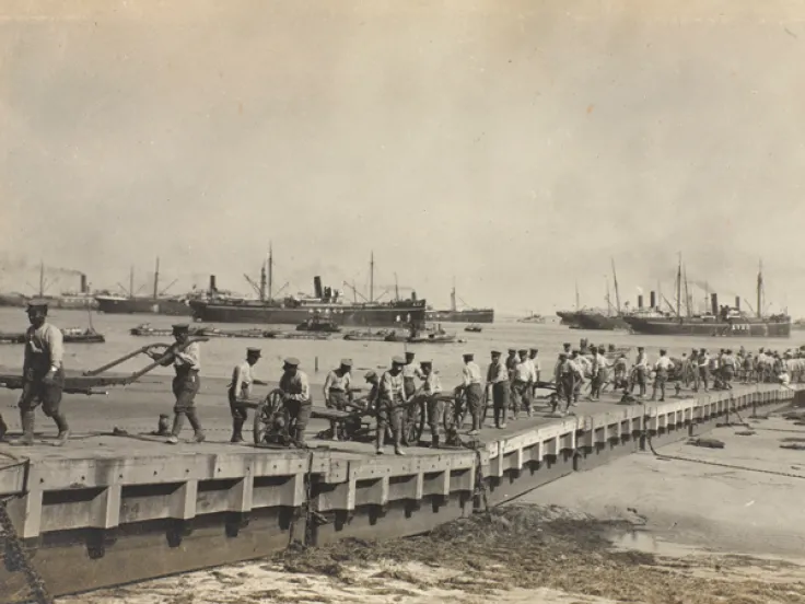 Landing troops from transports at Lao Shan Bay, September 1914