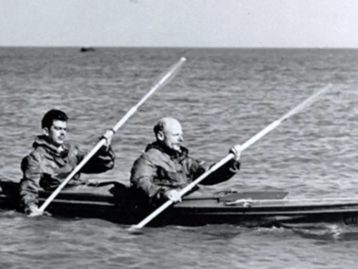 Major Herbert 'Blondie' Hasler and a colleague paddling a canoe, c1942 