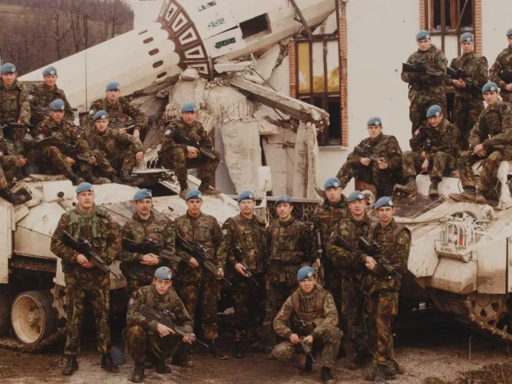 British UNPROFOR troops outside a destroyed mosque near Vitez, Bosnia, 1994