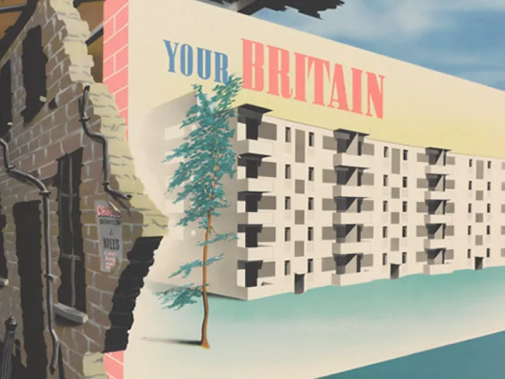 Second World War propaganda poster contrasting pre- and post-war accommodation in Britain