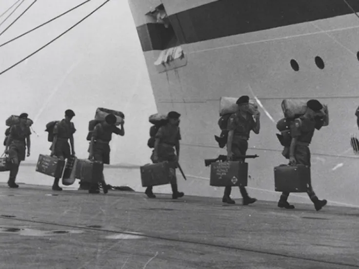 Boarding the troopship 'Nevasa' on route to Malaya, 1957
