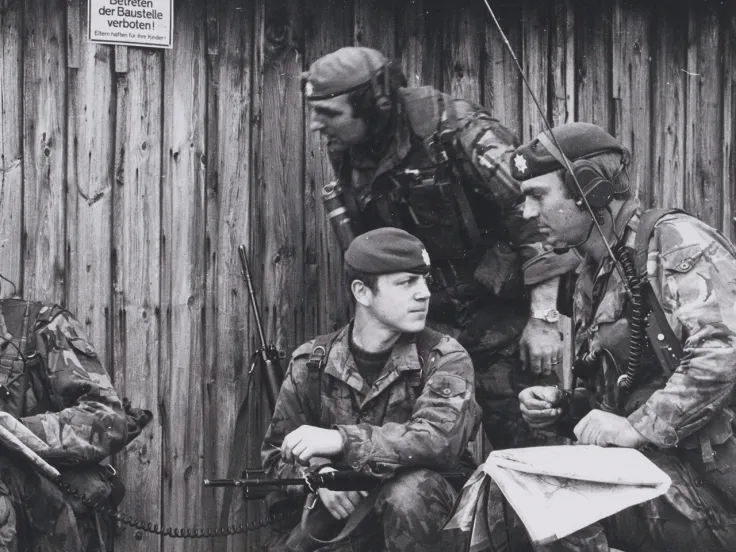 Members of the Coldstream Guards during an infantry exercise in Germany, c1977