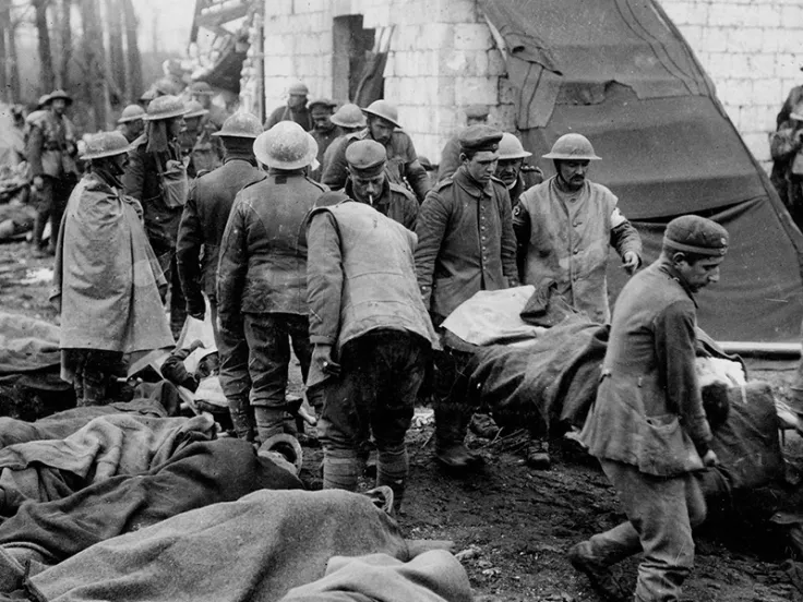 Outside an advanced dressing station at Tilloy-les-Mofflaines, Western Front, April 1917