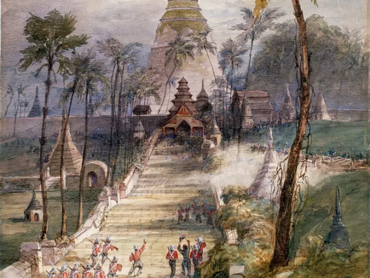 The 18th and 80th Regiments storming the Shwedagon Pagoda, Rangoon, 1852