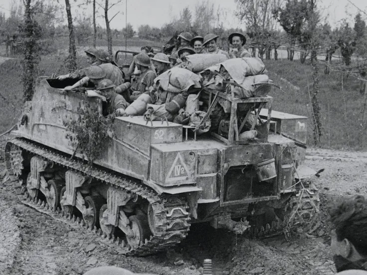'Kangaroo' carrying infantry into battle near Conselice, Italy, April 1945