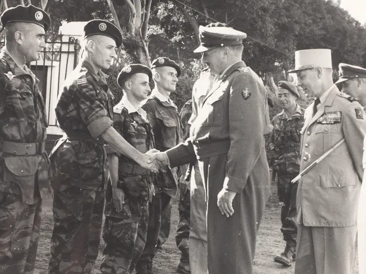 General Sir Charles Keightley, Commander of Operation Musketeer, meets French paratroopers at Suez, 1956 