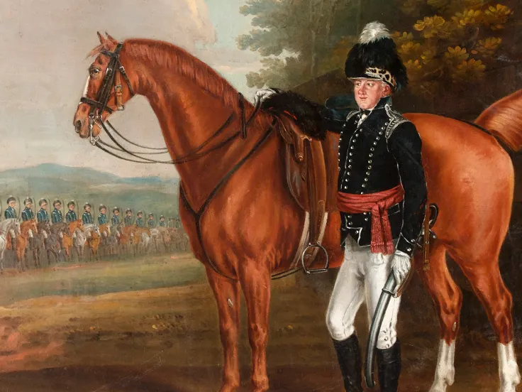 Colonel Thomas Cooper Everitt, with the Hampshire Fencible Cavalry drawn up in the background, 1800