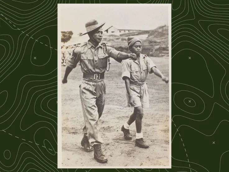 Teaching a new recruit to the Assam Regiment to march, c1943