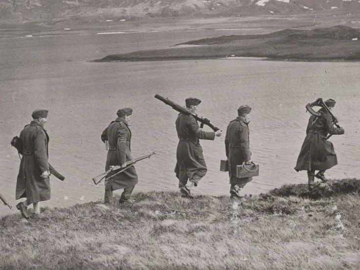 Members of the Home Guard marching alongside a riverbank