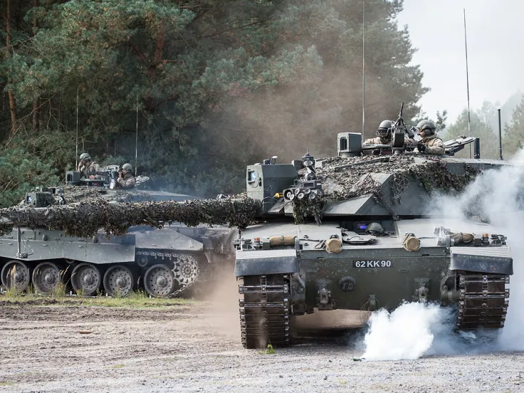 Challenger tanks of the Queen's Royal Hussars participating in Exercise Venerable Gauntlet at the Sennelager Training Area in Germany, 2016