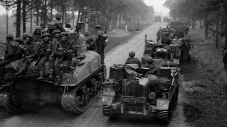 Units of the Dutch Brigade moving up to the attack, 1944