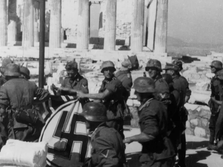 German soldiers raise the swastika at the Acropolis, Athens, April 1941