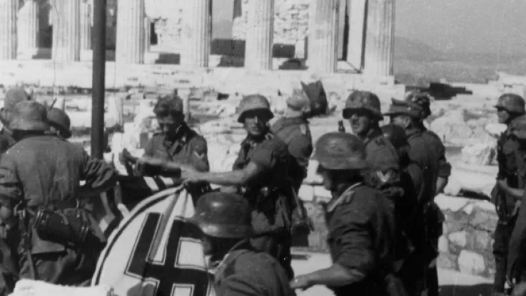 German soldiers raise the swastika at the Acropolis, Athens, April 1941