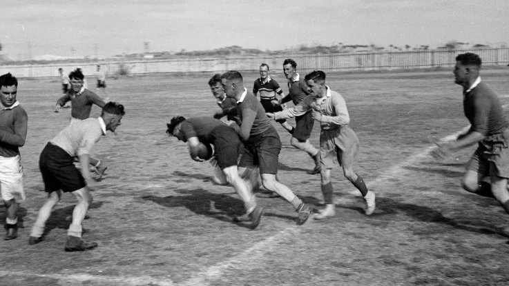 Rugby match featuring members of the 3rd County of London Yeomanry, 1942