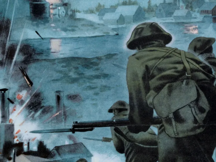 Propaganda poster depicting a commando raid on a German-held port in Norway, 1940