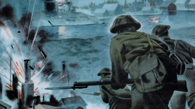 Propaganda poster depicting a commando raid on a German-held port in Norway, 1940