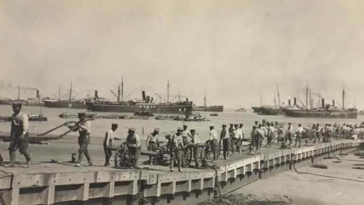 Landing troops from transports at Lao Shan Bay, September 1914