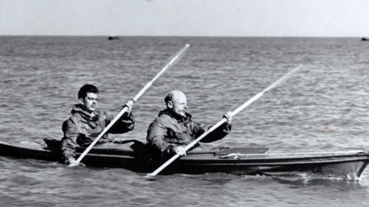 Major Herbert 'Blondie' Hasler and a colleague paddling a canoe, c1942 