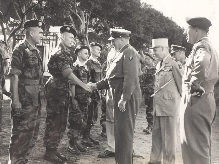 General Sir Charles Keightly, Commander in Chief Operation Muskateer, meets French paratroopers at Suez, 1956 