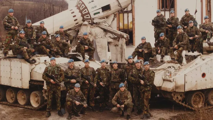 British UNPROFOR troops outside a destroyed mosque near Vitez, Bosnia, 1994