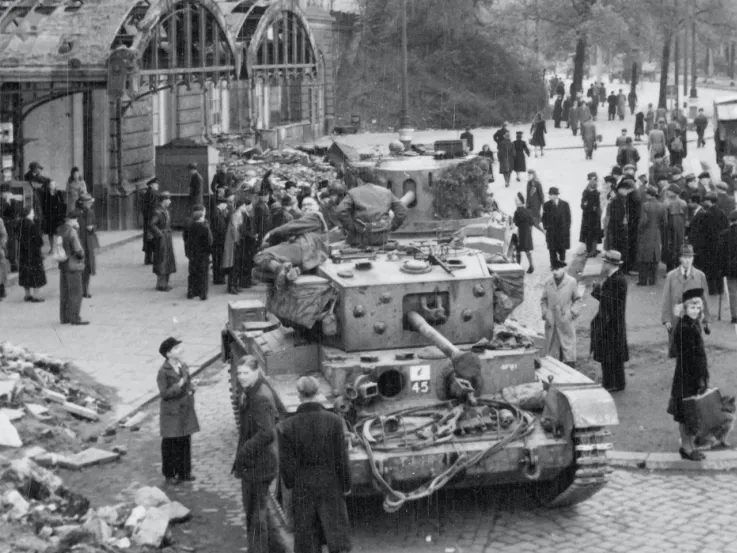 Civilians gathered around British tanks, Hamburg, May 1945
