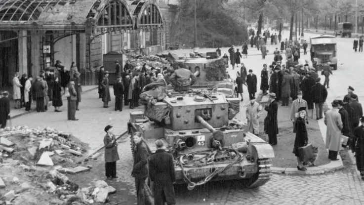 Civilians gathered around British tanks, Hamburg, May 1945