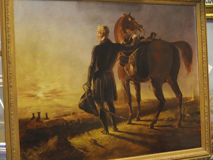 Oil painting of the Duke of Wellington as an old man surveying the battlefield of Waterloo