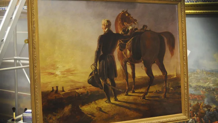 Oil painting of the Duke of Wellington as an old man surveying the battlefield of Waterloo