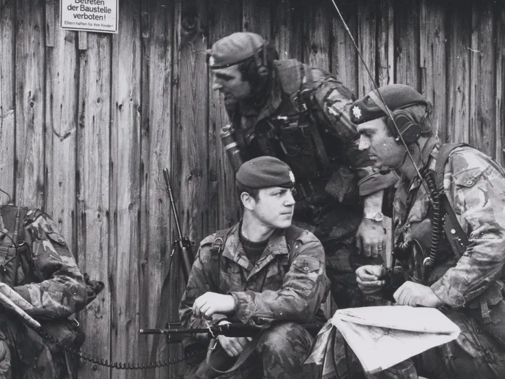 Members of the Coldstream Guards during an infantry exercise in Germany, c1977