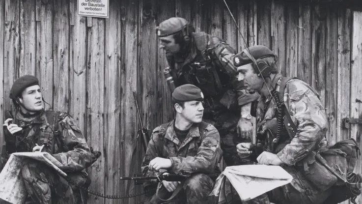 Members of the Coldstream Guards during an infantry exercise in Germany, c1977