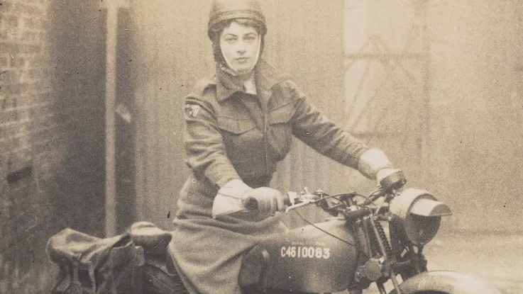 Valerie Erskine Howe, Auxiliary Territorial Service, on a motorbike, c1944