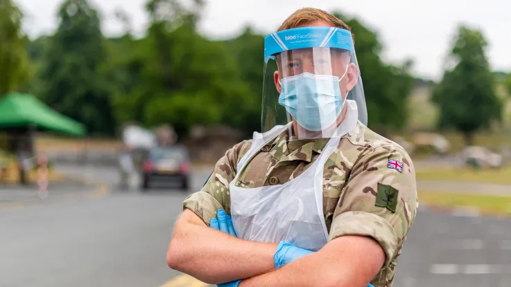 Gunner of the Royal Artillery at a Covid mobile testing unit, West Midlands Safari Park, June 2020