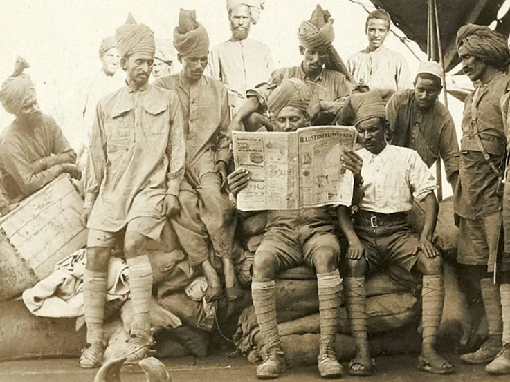 Indian Army troops travelling upstream on a barge, Mesopotamia, c1916