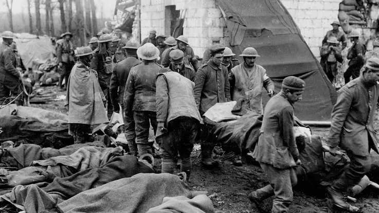 Outside an advanced dressing station at Tilloy-les-Mofflaines, Western Front, April 1917