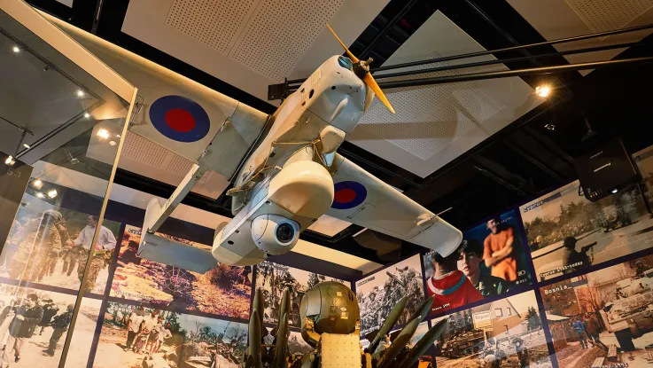 Phoenix unmanned aerial vehicle suspended from the ceiling of the Conflict in Europe gallery